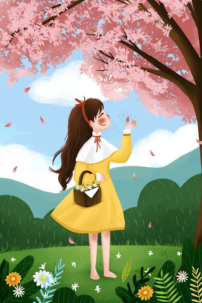 春天春季女孩采花立春樱花花海清新24节气