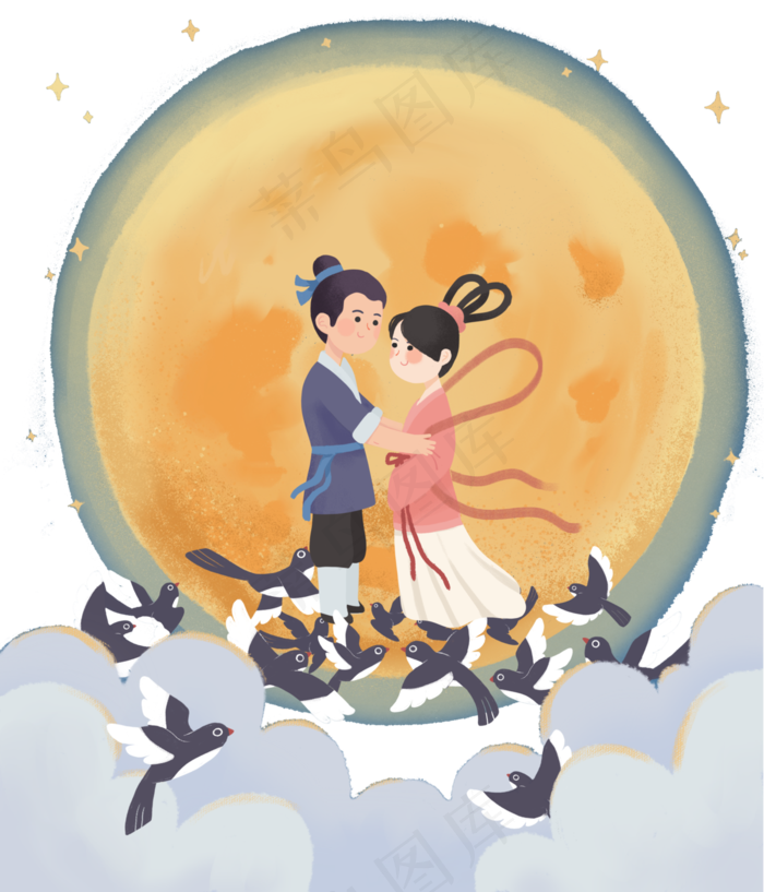 七夕情人节牛郎织女鹊桥相会,免抠元素(3000*3500px 300 dpi )psd模版下载
