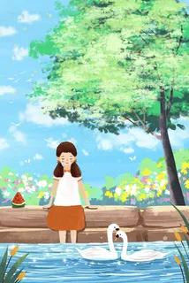夏天女孩在公园湖边看天鹅小清新