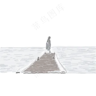 水墨画湖边少女小桥