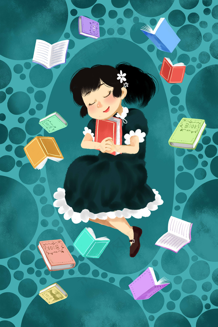 蓝色系漫画风学习励志世界读书日女孩配图