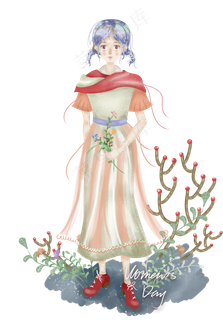 女神节女生节手绘卡通蓝发可爱纱,免抠元素