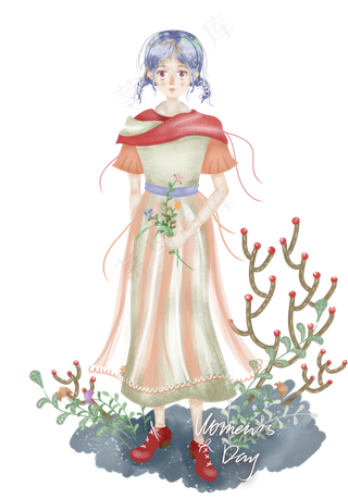 女神节女生节手绘卡通蓝发可爱纱,免抠元素