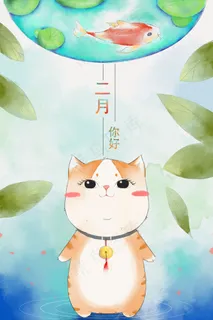 二月锦鲤招财猫水彩小清新 二月锦鲤招财猫水彩小清新