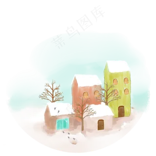 水彩马卡龙色系房子雪