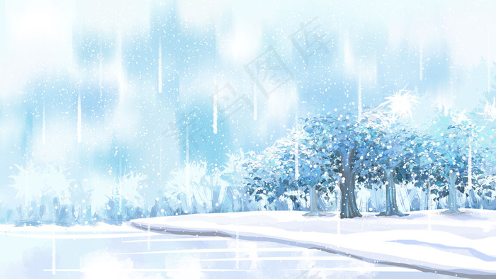 梦幻冬季风景手绘雪景