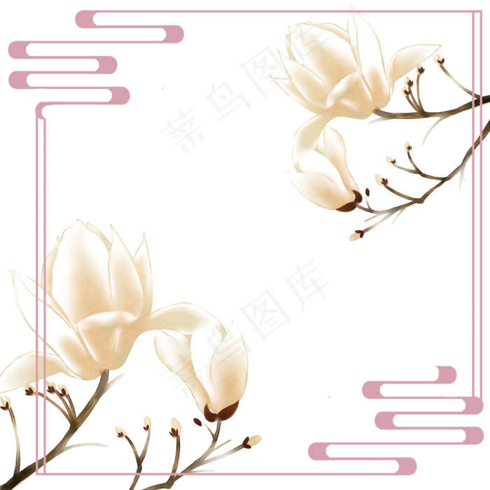 旱荷花木兰树望春花早春花卉边框,免抠元素(2000*2000px 300 dpi )psd模版下载