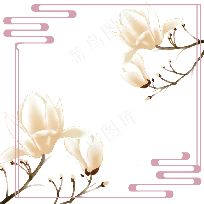 旱荷花木兰树望春花早春花卉边框,免抠元素(2000*2000px 300 dpi )psd模版下载