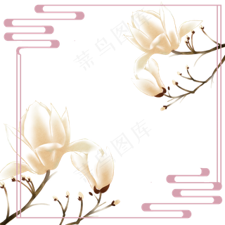 旱荷花木兰树望春花早春花卉边框,免抠元素