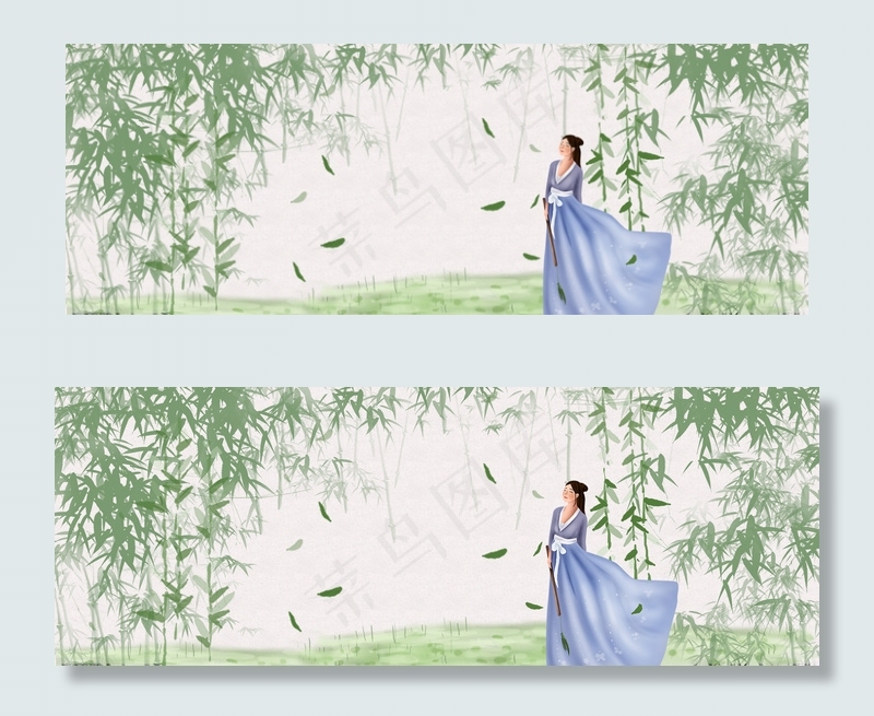 春天竹林里吹笛少女(1920*700px 	       )psd模版下载