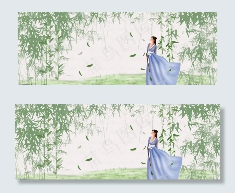春天竹林里吹笛少女(1920*700px 	       )psd模版下载