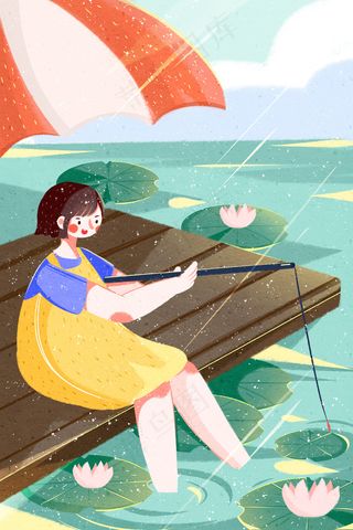 夏天夏至节气女孩河边钓鱼