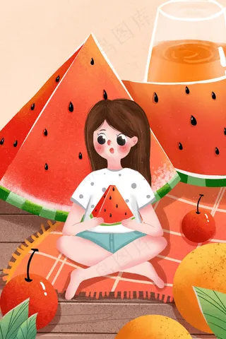 大暑节气女孩悠闲吃西瓜