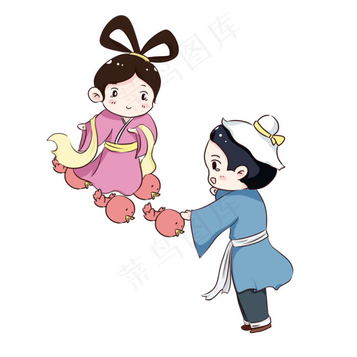 手绘卡通七夕节牛郎织女,免抠元素