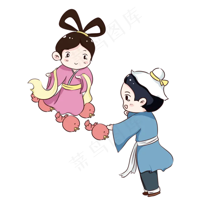 手绘卡通七夕节牛郎织女,免抠元素(2000*2000px 300 dpi )psd模版下载