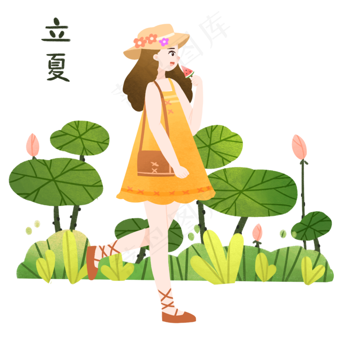 漂亮女孩吃西瓜插画