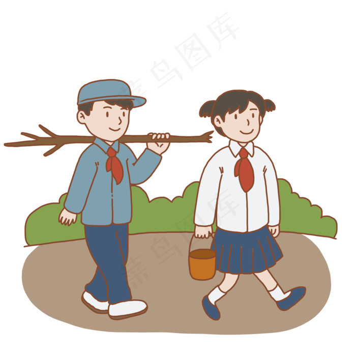 植树节学生种树手绘插画免抠元素