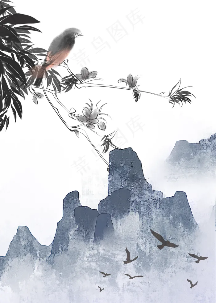 中式山水灰色水墨装饰画(3543X4961(DPI:300))psd模版下载