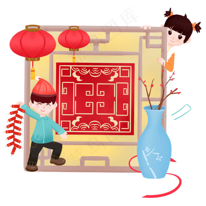 新年放鞭炮传统节日手绘插画,免抠元素