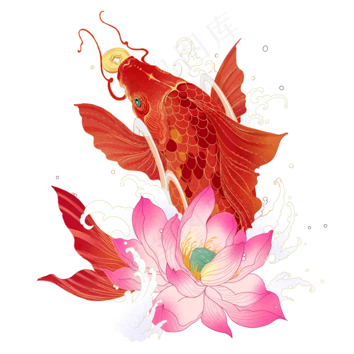 国潮鲤鱼荷花年画(2000X2000(DPI:300))psd模版下载