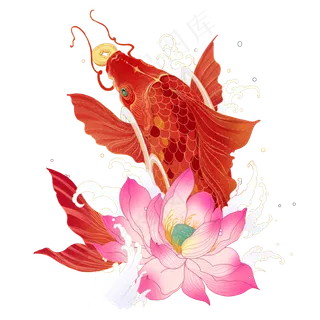 国潮鲤鱼荷花年画