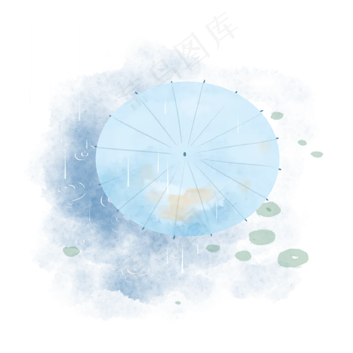 蓝色古风荷叶水彩雨伞(3543X3543(DPI:300))psd模版下载
