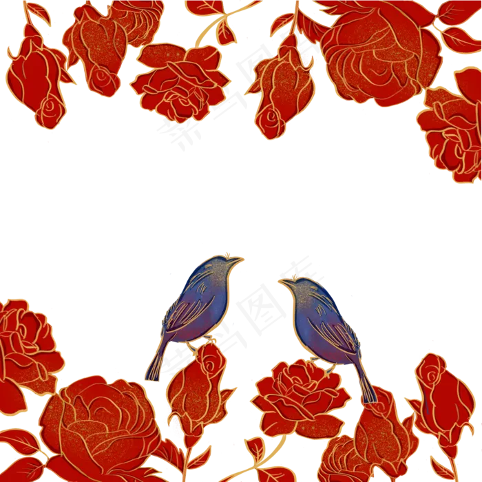 国潮玫瑰花花鸟素材,免抠元素(2000X2000(DPI:300))psd模版下载