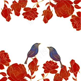 国潮玫瑰花花鸟素材,免抠元素
