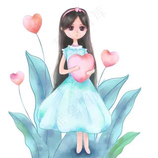 感恩节拿着粉色爱心的长发女孩爱,免抠元素
