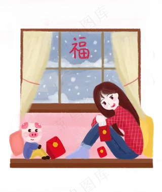 大寒小寒雪天在家里折红包的小女,免抠元素