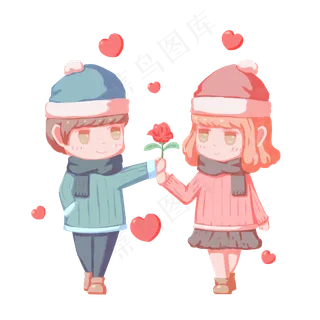 情人节卡通手绘送花情侣人物免扣