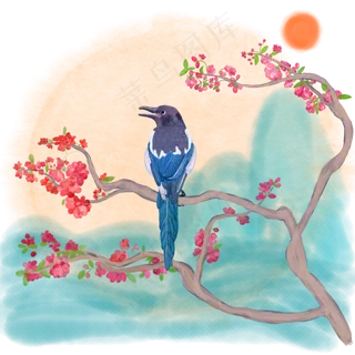 中国风水墨工笔水彩喜鹊登枝手绘,免抠元素
