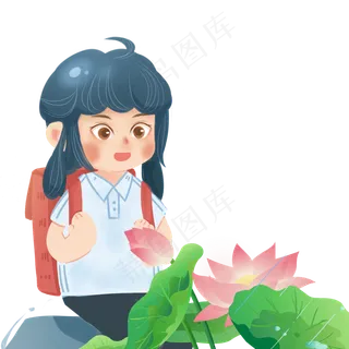 彩色创意看荷花的男孩元素