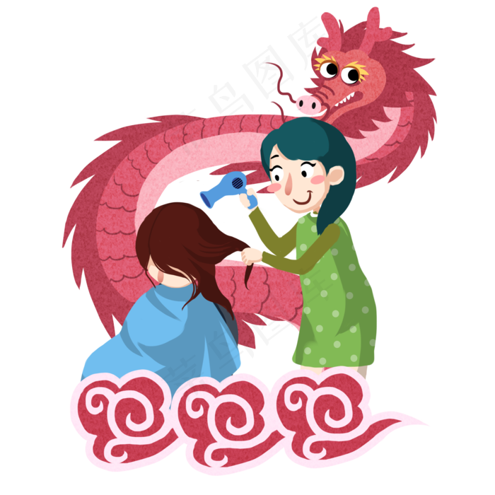 中国龙红色龙龙抬头理发人物,免抠元素