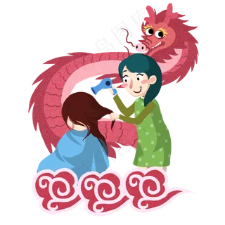 中国龙红色龙龙抬头理发人物,免抠元素