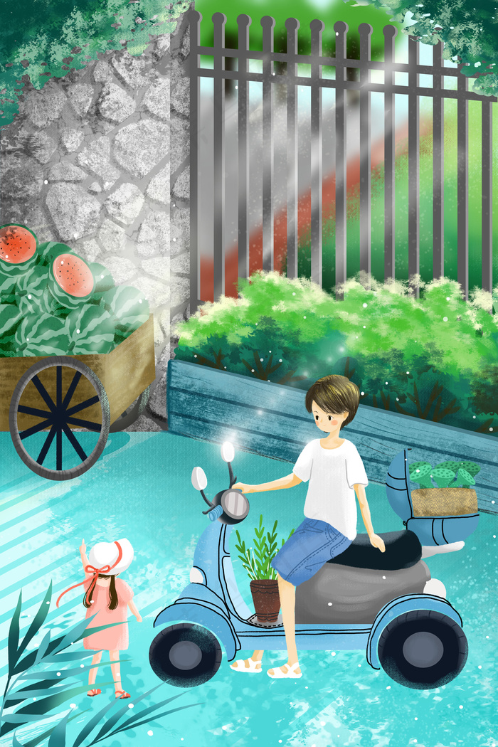 夏天女孩和妈妈买西瓜唯美清新配图