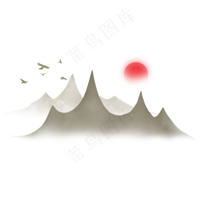 手 中国风水墨山飞鸟红日