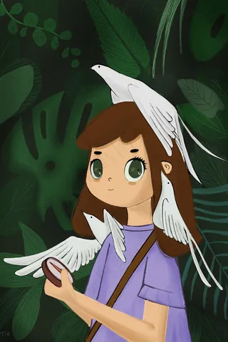 元气探险卡通树叶手绘少女