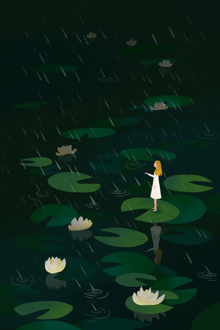 女孩在夏天下雨的莲花池(1125X2436(DPI:72))psd模版下载