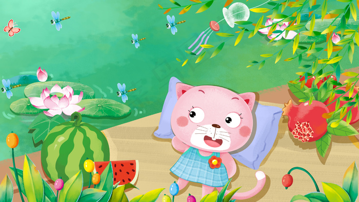 小暑大暑夏景肌理绿色猫咪吃西瓜(2880*1620px 300 dpi )psd模版下载