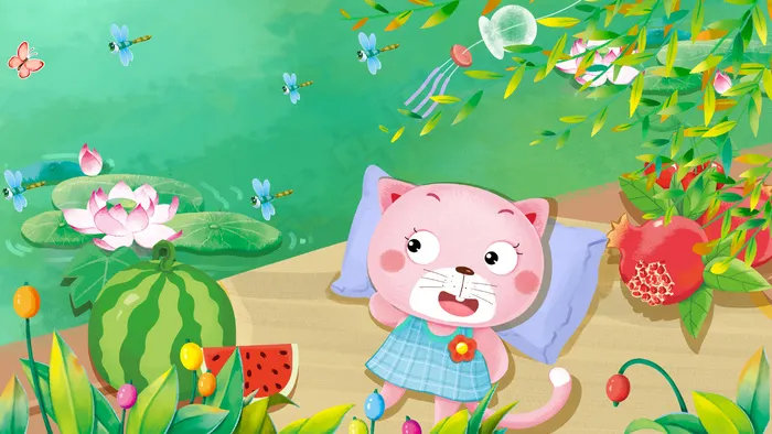 小暑大暑夏景肌理绿色猫咪吃西瓜(2880*1620px 300 dpi )psd模版下载