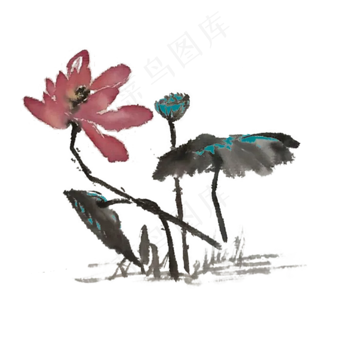 水墨红色荷花手绘素材