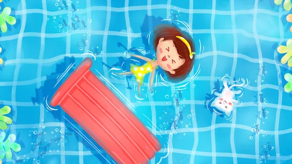 夏季游泳池水猫咪女孩树叶气垫船