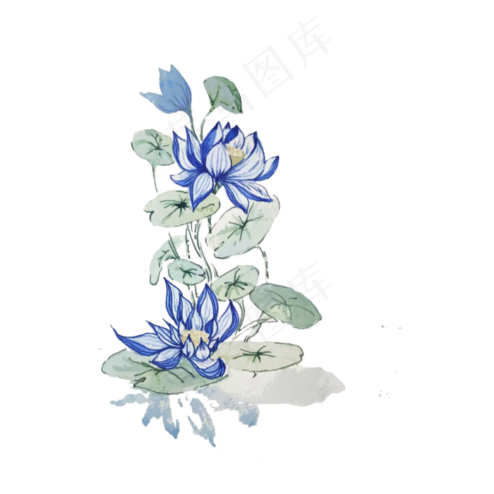 水蓝荷花水彩淡雅夏日莲花花卉P