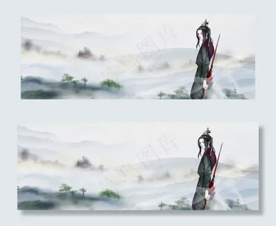 大气中国风站在山巅的剑客山脉背景