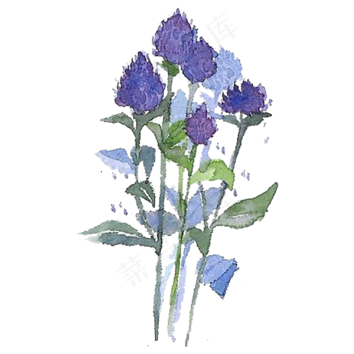 手绘水彩蓝紫色系花朵花束元素免