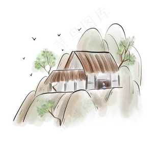 古风茅草屋赏春的古人,免抠元素