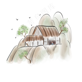 古风茅草屋赏春的古人,免抠元素