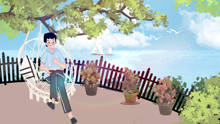 五月你好阳台看书男孩