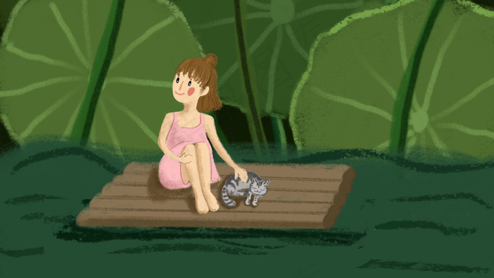 大暑盛夏荷叶下的女孩和猫咪(2880*1620px 300 dpi )psd模版下载